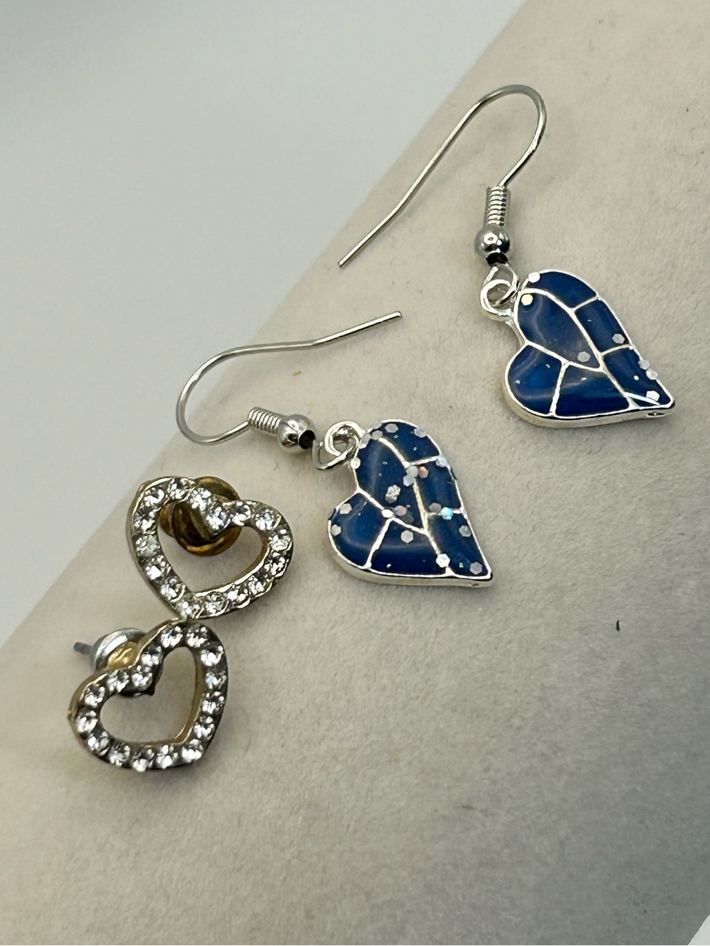 2 Pair Silver-tone Heart Earrings Blue Dangle, Crystal Studs